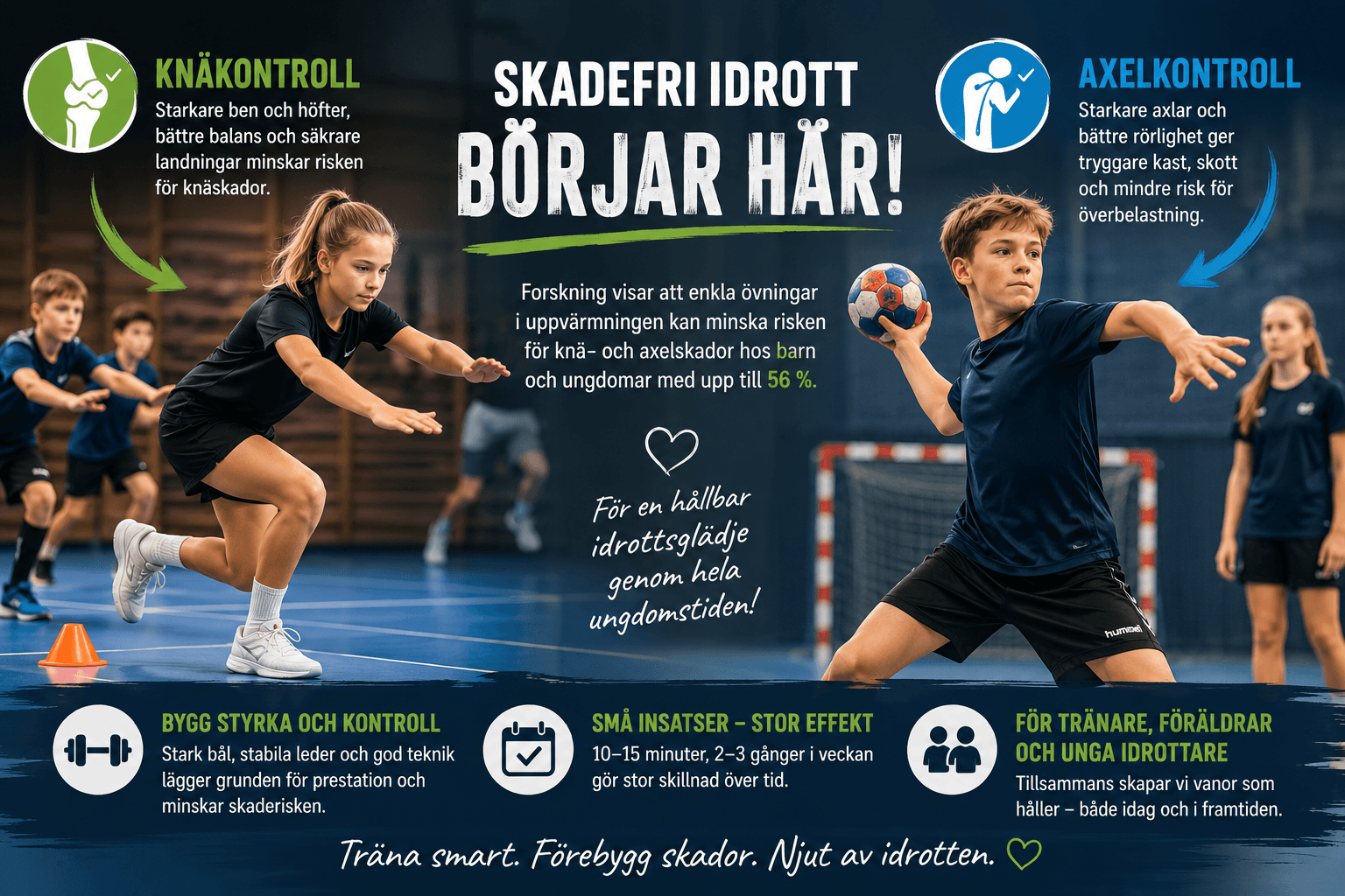 Infografik: Skadefri idrott börjar här – knäkontroll och axelkontroll minskar skaderisken hos unga idrottare